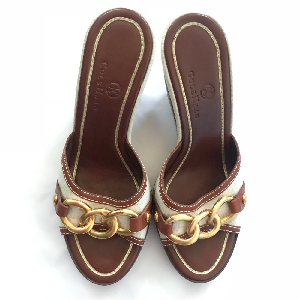 Cole Haan Leather Canvas Wedge 6 B Gold Chain